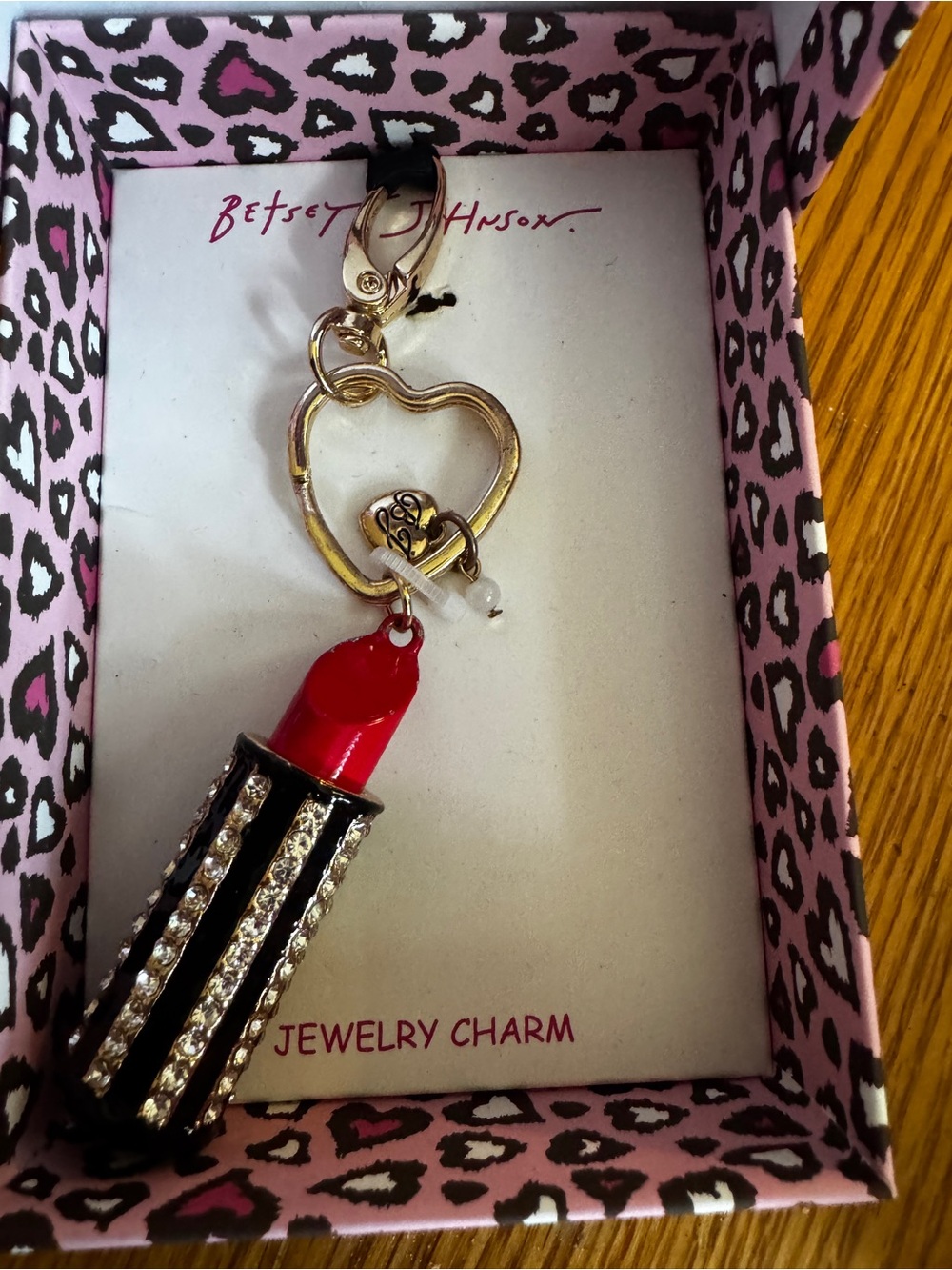 Betsey Johnson Red Lipstick Charm Keychain with Gold Heart and Rhinestones